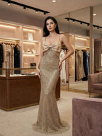 Sparkly Champagne Spaghetti Straps Prom Dress with Statement Bow