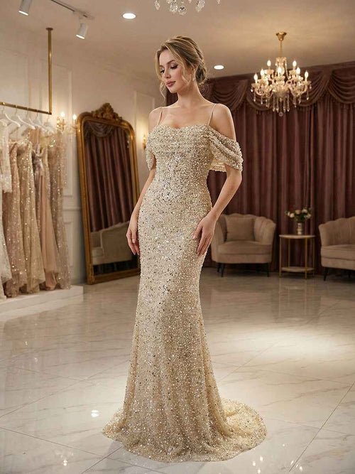 Sparkly Champagne Beaded Off-the-Shoulder Mermaid Long Prom Dress BMBRIDE