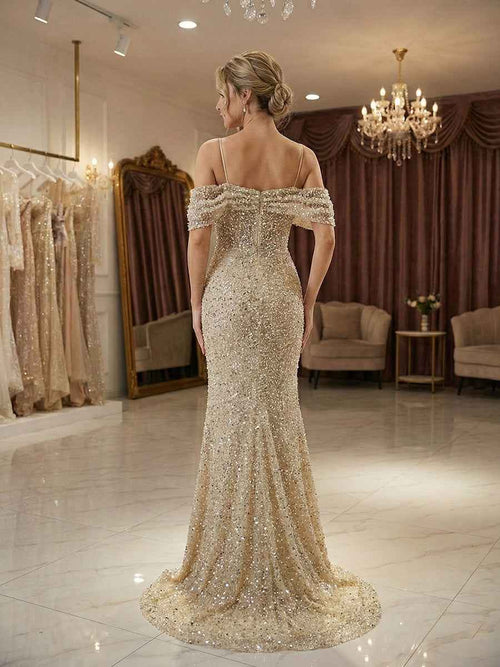 Sparkly Champagne Beaded Off-the-Shoulder Mermaid Long Prom Dress BMBRIDE