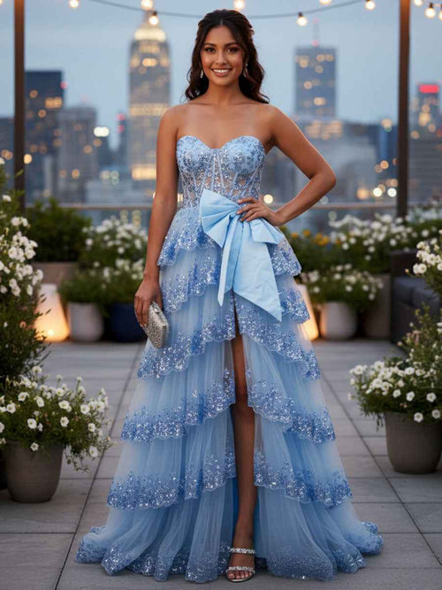 Sparkly Lace Strapless Ruffle Tiered Prom Dress with Bow BMBRIDE