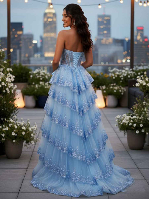 Sparkly Lace Strapless Ruffle Tiered Prom Dress with Bow BMBRIDE