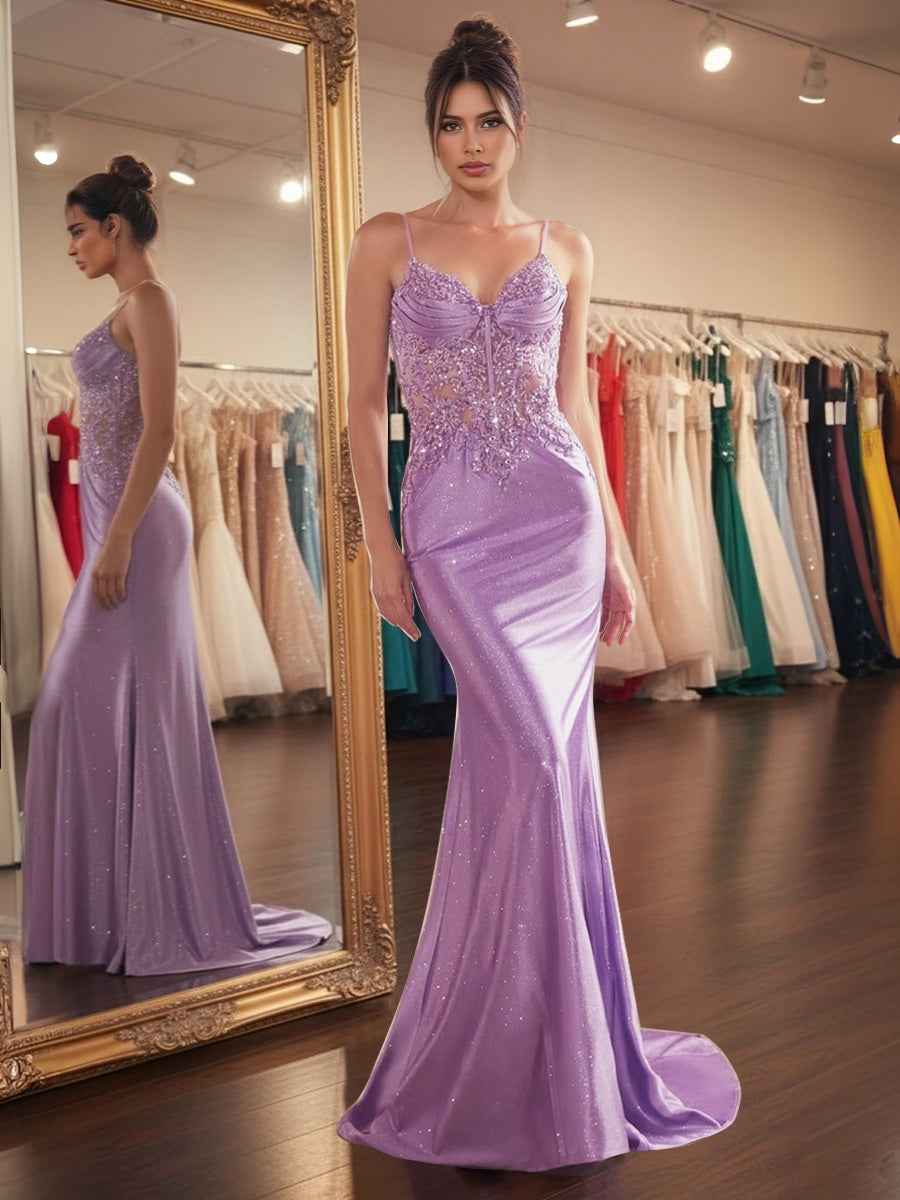 Sparkly Lavender Corset Long Prom Dress with Asymmetrical Appliqu¡§|s