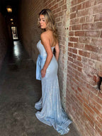 Sparkly Light Blue Sequin Strapless Long Prom Dress with Statement Bow