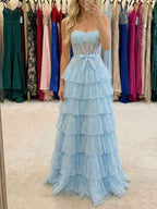 Sparkly Light Blue Strapless Tiered Ruffle Corset Prom Dress with Slit