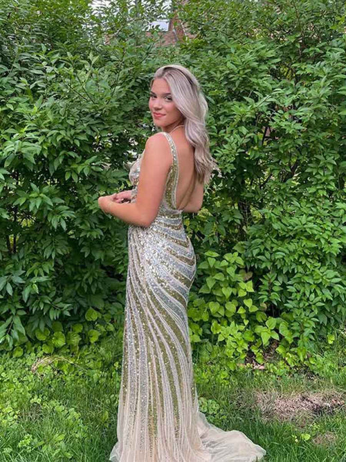 Sparkly Mermaid Deep V-Neck Sequins Prom Dress BMBRIDE
