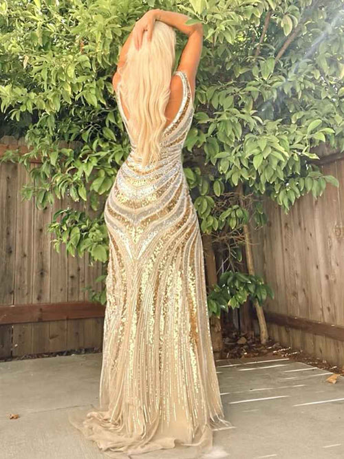 Sparkly Mermaid Deep V-Neck Sequins Long Prom Dress BMBRIDE