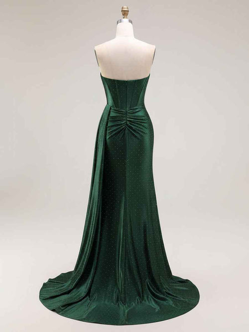 Sparkly Mermaid Strapless Corset Ruched Long Prom Dress BMBRIDE