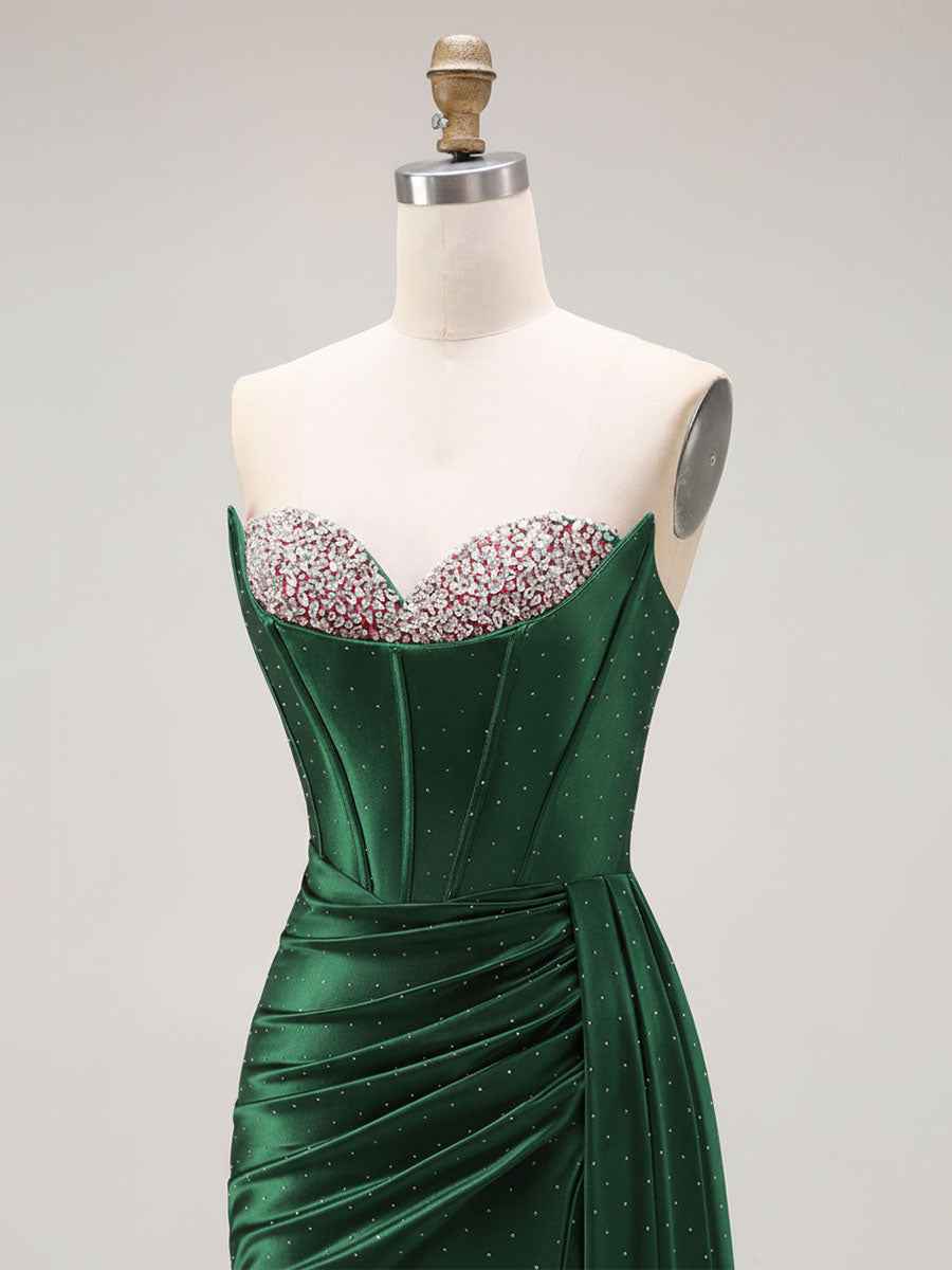 Sparkly Mermaid Strapless Corset Ruched Long Prom Dress