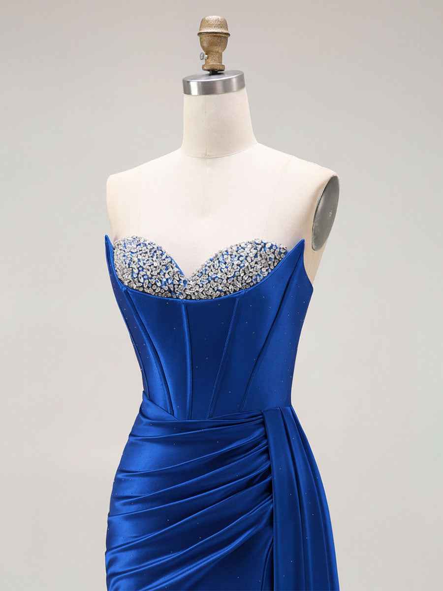 Sparkly Mermaid Strapless Corset Ruched Long Prom Dress