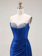 Sparkly Mermaid Strapless Corset Ruched Long Prom Dress