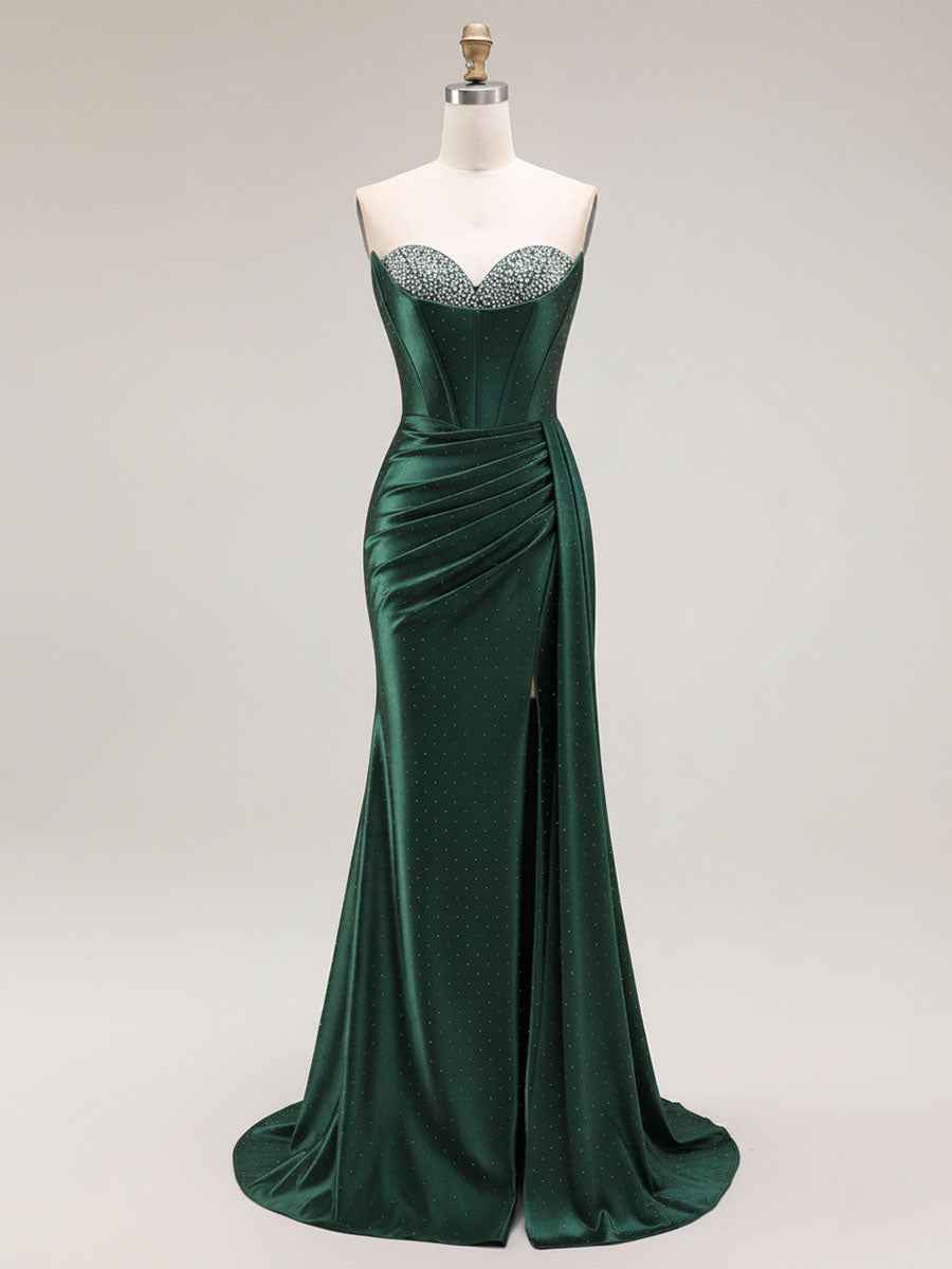 Sparkly Mermaid Strapless Corset Ruched Long Prom Dress