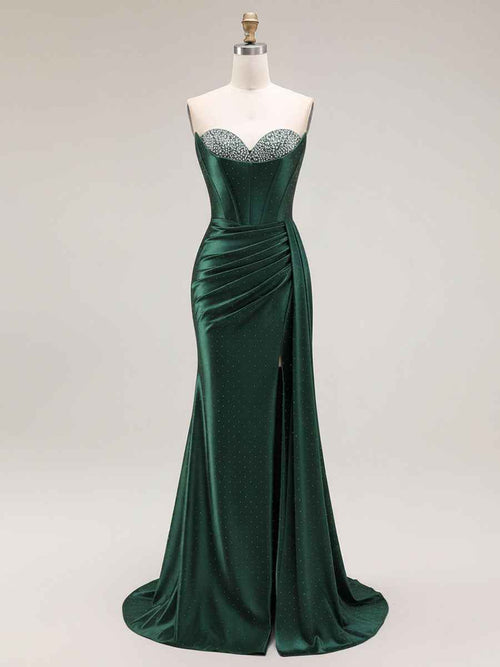 Sparkly Mermaid Strapless Corset Ruched Long Prom Dress BMBRIDE