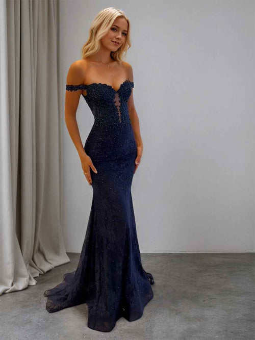 Sparkly Off the Shoulder Mermaid Corset Long Prom Dress BMBRIDE