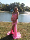 Sparkly Pink Spaghetti Strap Lace Prom Dress with Slit