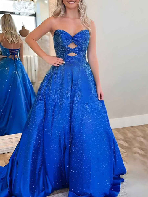 Sparkly A Line Cut Out Sweetheart Long Prom Dress with Beading BMBRIDE
