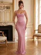 Sparkly Blue Shimmer Cowl Neck Corset Prom Dress
