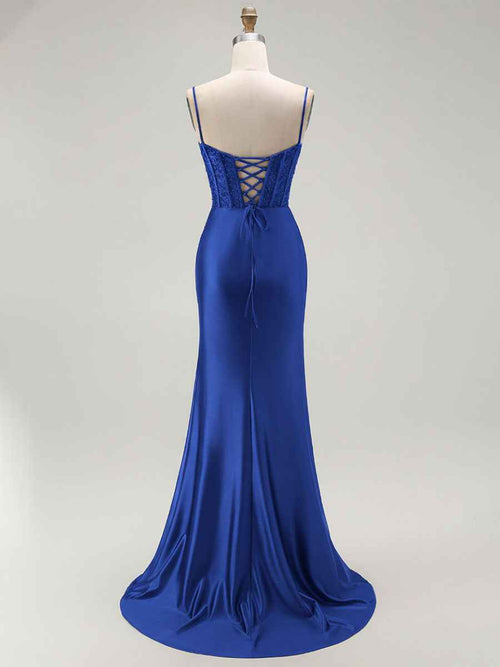 Sparkly Satin Mermaid Long Corset Prom Dress with Beading BMBRIDE
