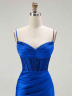 Sparkly Satin Mermaid Long Corset Prom Dress with Beading