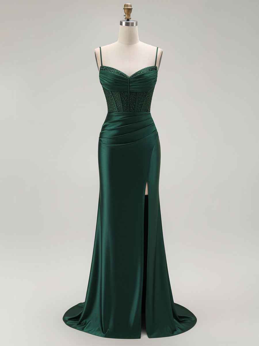 Sparkly Satin Mermaid Long Corset Prom Dress with Beading