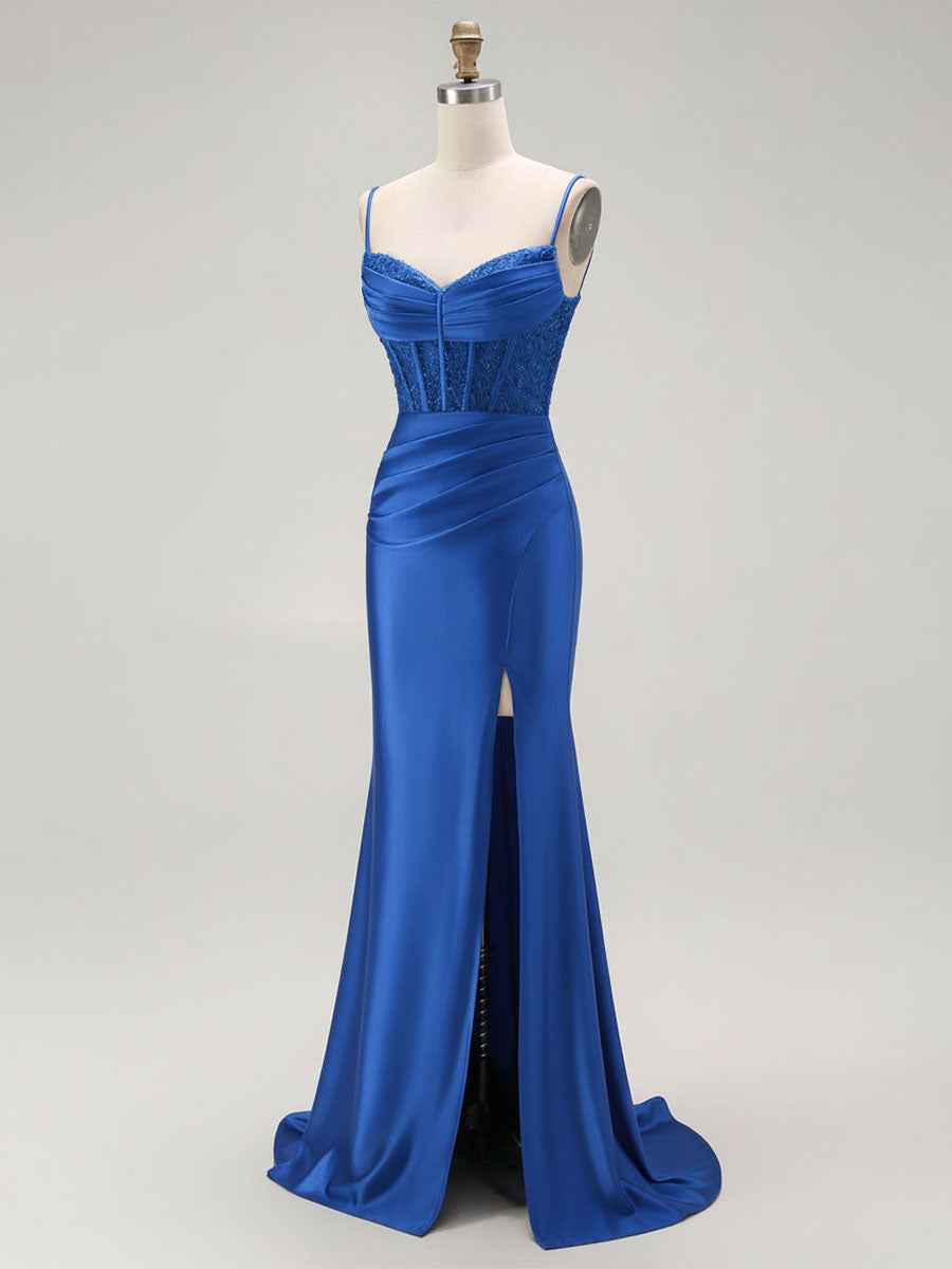 Sparkly Satin Mermaid Long Corset Prom Dress with Beading