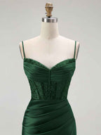 Sparkly Satin Mermaid Long Corset Prom Dress with Beading