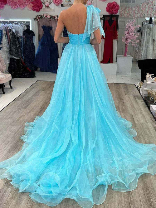 Sparkly A Line One Shoulder Long Prom Dress with Beading BMBRIDE