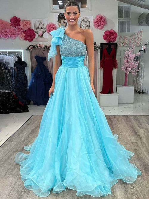 Sparkly A Line One Shoulder Long Prom Dress with Beading BMBRIDE