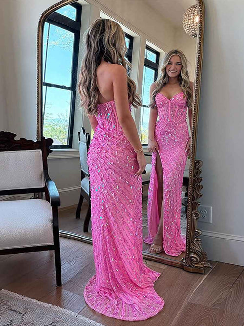 Sparkly Sweetheart Mermaid Sequins Long Prom Dress with Slit BMBRIDE