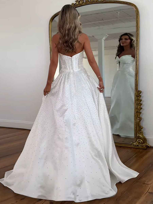 Sparkly Beaded Strapless Sweetheart Long Corset Prom Dress with Bow BMBRIDE