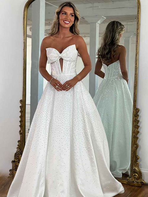 Sparkly Beaded Strapless Sweetheart Long Corset Prom Dress with Bow BMBRIDE