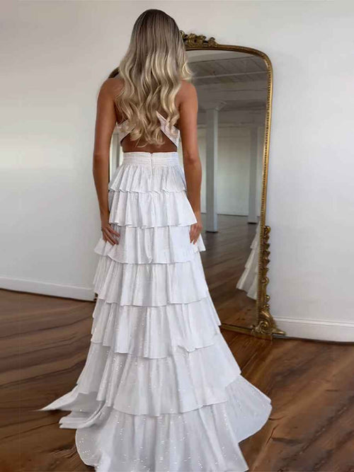 Sparkly A Line Tiered Beaded Corset Long Prom Dress with Slit BMBRIDE
