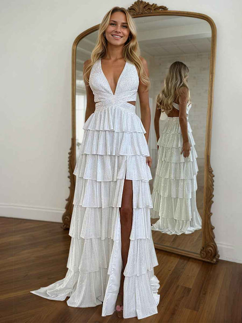 Sparkly A Line Tiered Beaded Corset Long Prom Dress with Slit BMBRIDE