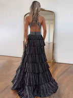 Sparkly A Line Tiered Beaded Corset Long Prom Dress with Slit