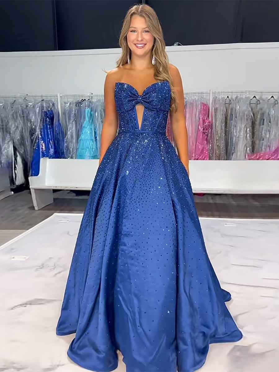 Sparkly Beaded Strapless Sweetheart Long Corset Prom Dress with Bow