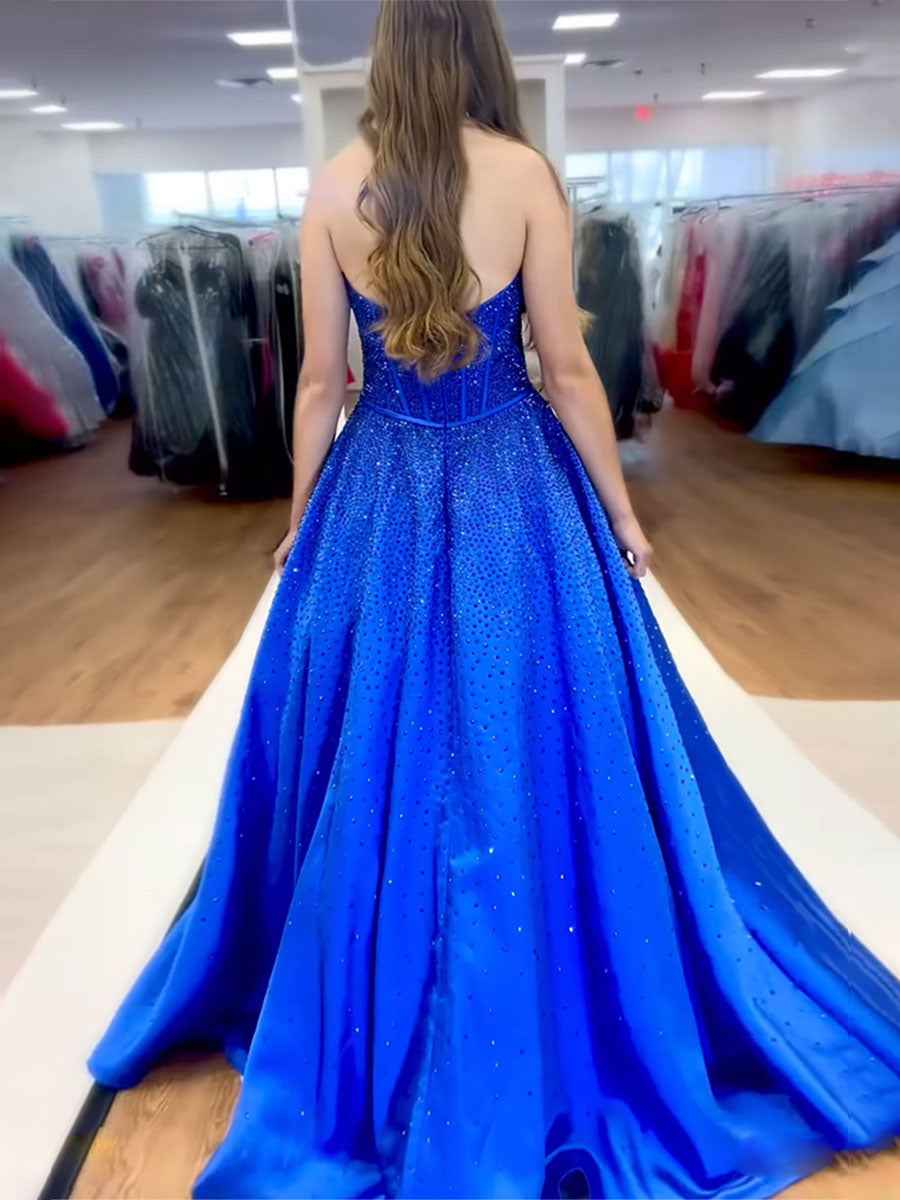 Sparkly Beaded Strapless Sweetheart Long Corset Prom Dress with Bow