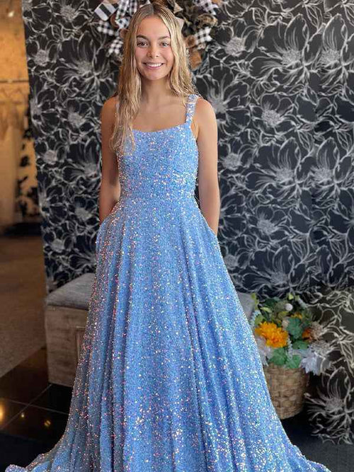 Sparkly Blue A Line Square Neck Spaghetti Straps Long Prom Dress BMBRIDE