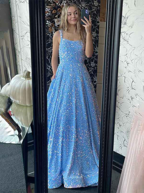 Sparkly Blue A Line Square Neck Spaghetti Straps Long Prom Dress BMBRIDE