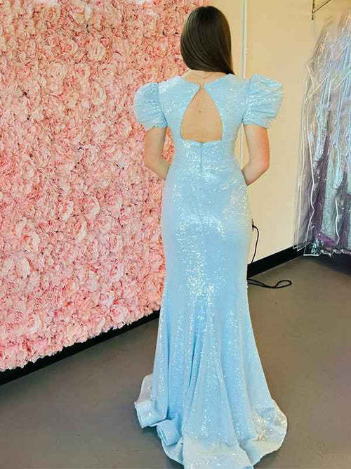 Sparkly Blue V Neck Long Puff Sleeves Prom Dress with Slit BMBRIDE