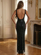 Sparkly Champagne Crystal Mesh Square Neck Long Prom Dress