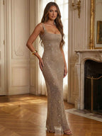 Sparkly Champagne Crystal Mesh Square Neck Long Prom Dress