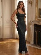 Sparkly Champagne Crystal Mesh Square Neck Long Prom Dress