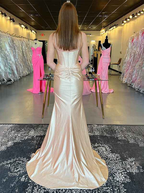Sparkly Champagne Spaghetti Straps Corset Long Satin Prom Dress with Slit BMBRIDE