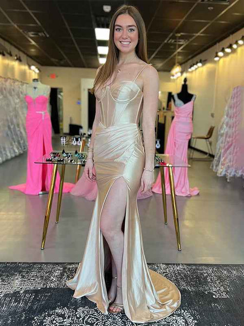 Sparkly Champagne Spaghetti Straps Corset Long Satin Prom Dress with Slit BMBRIDE