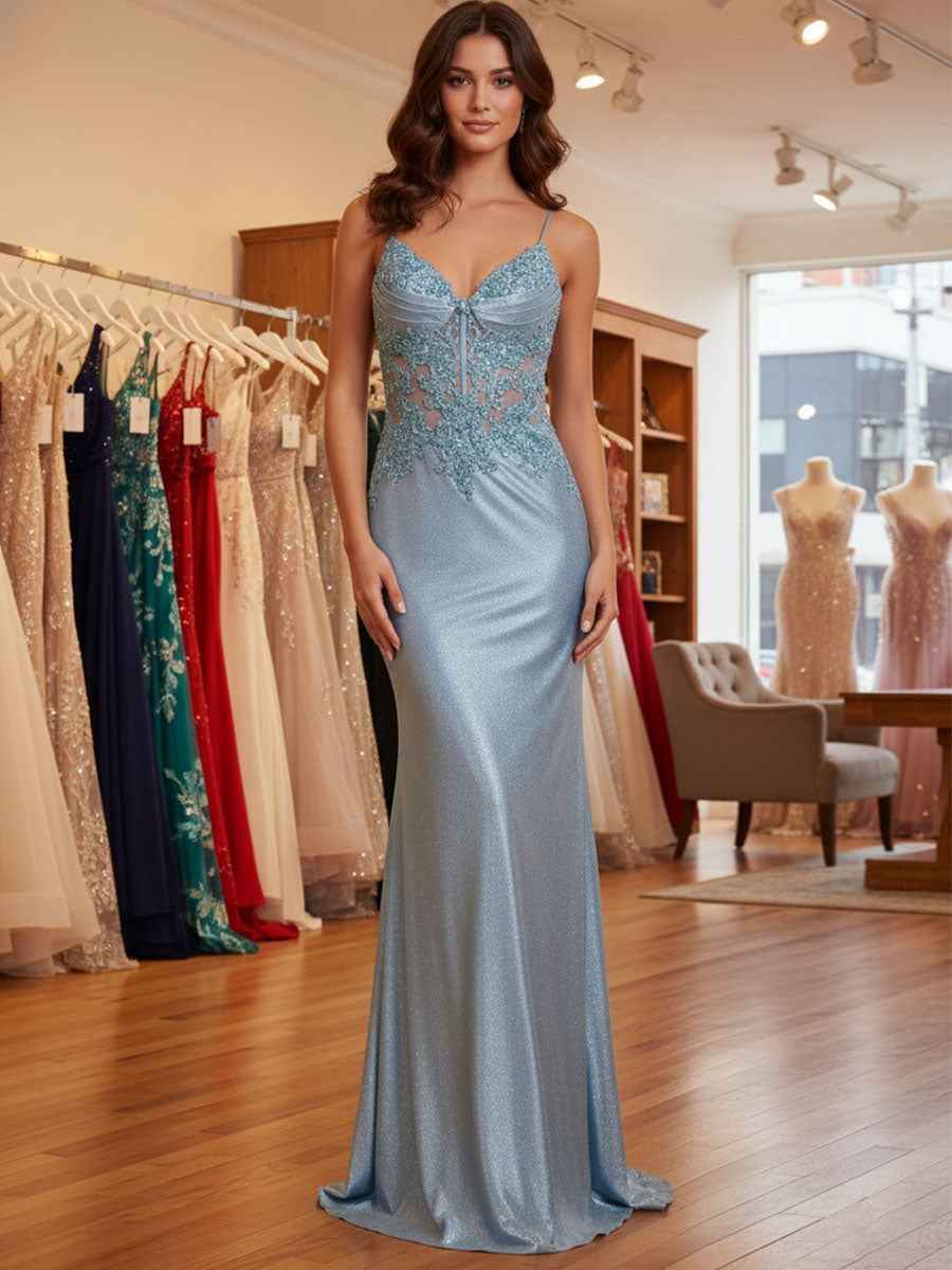 Sparkly Corset Long Prom Dress with Asymmetrical Appliqu¡§|s
