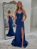 Sparkly Dark Blue Mermaid Corset Long Prom Dress with Slit