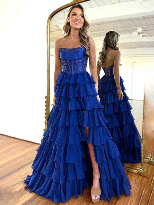 Sparkly Light Blue Strapless A-Line Long Tiered Prom Dress with Slit BMBRIDE