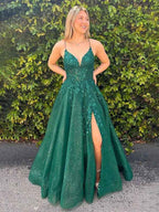 Sparkly Green A-Line V-Neck Lace Up Appliques Tulle Long Party Prom Dress
