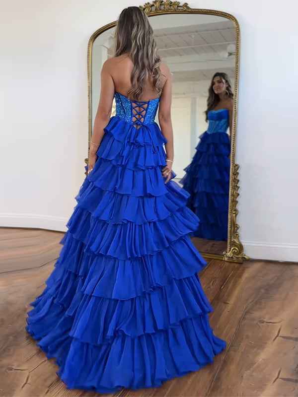 Sparkly Light Blue Strapless A-Line Long Tiered Prom Dress with Slit