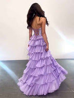 Sparkly Light Blue Strapless A-Line Long Tiered Prom Dress with Slit