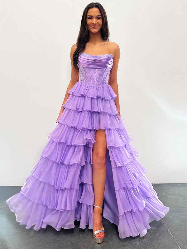 Sparkly Light Blue Strapless A-Line Long Tiered Prom Dress with Slit